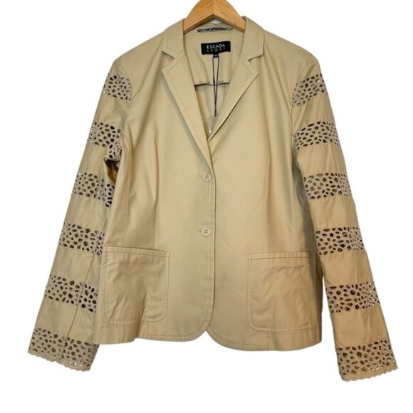 NEW Escada Designer Jacket Beige Eyelet Sleeve Cotton lightweight Summer Size XL